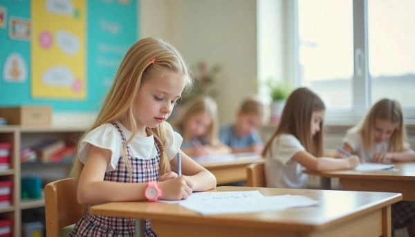 Enfant sourit pendant une séance de kinésiologie en classe